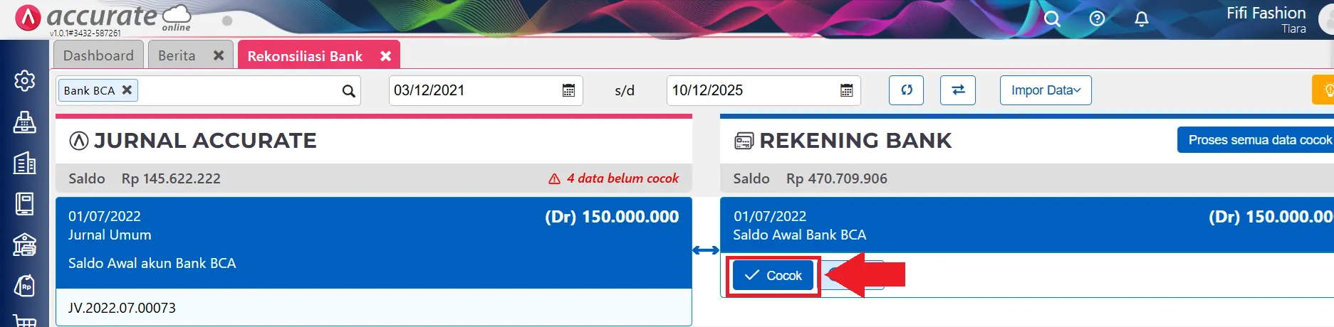 Rekonsiliasi lebih dari 1 mutasi bank yang dicatat dalam 1 transaksi